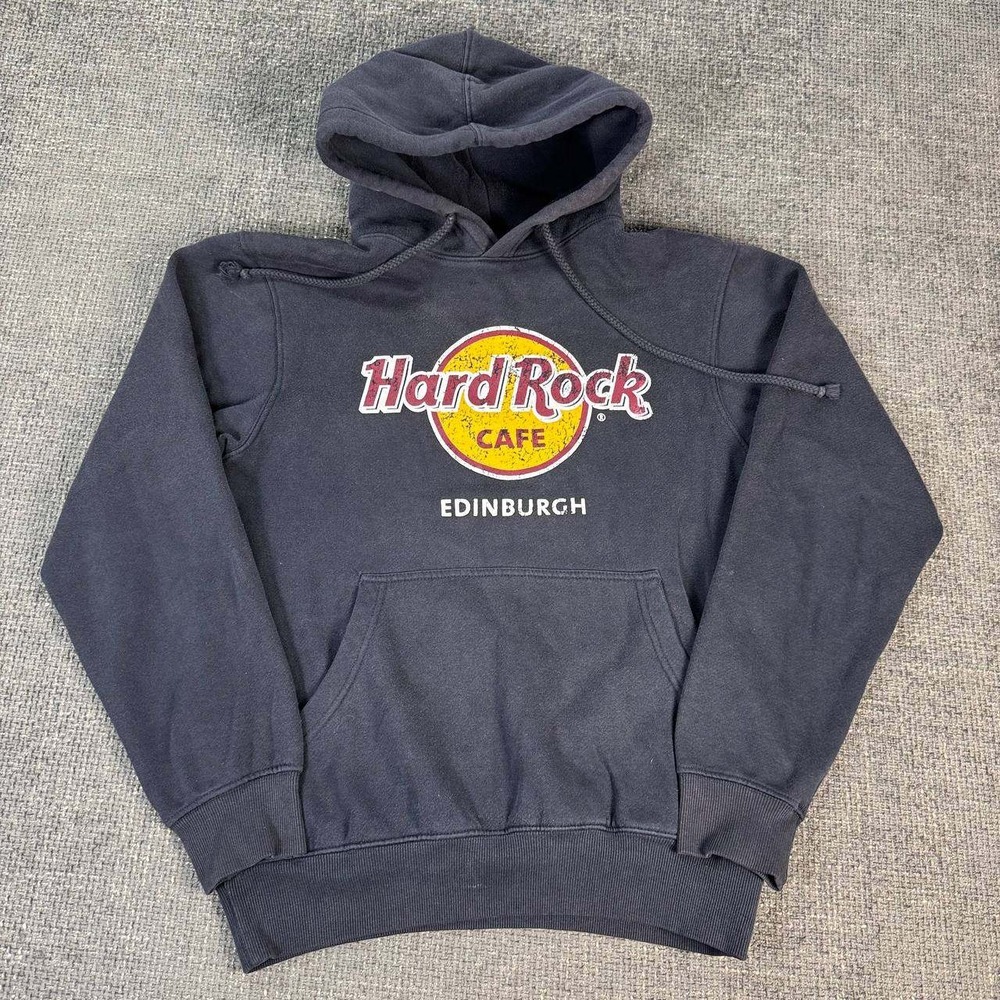 Hard Rock Cafe Edinburgh Hoodie Mens Medium Navy Blue Graphic Y2K Pullover